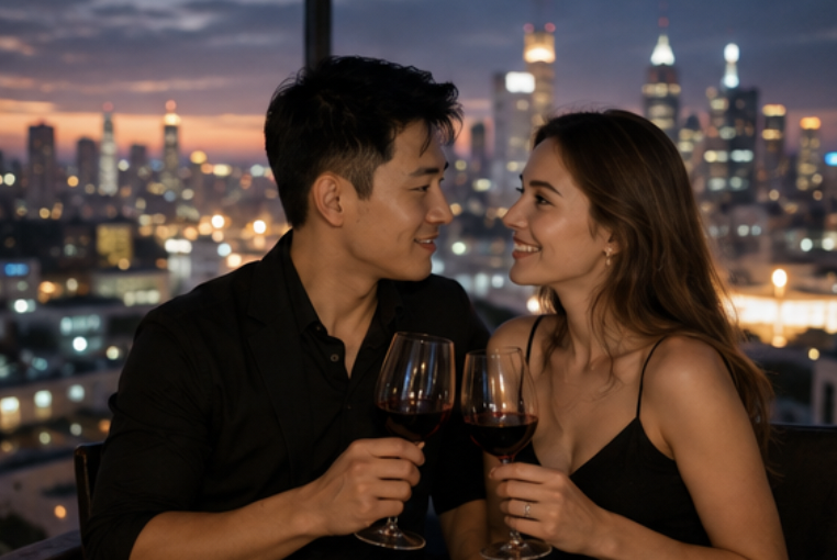 中国男士与俄罗斯女士在夜景餐厅约会